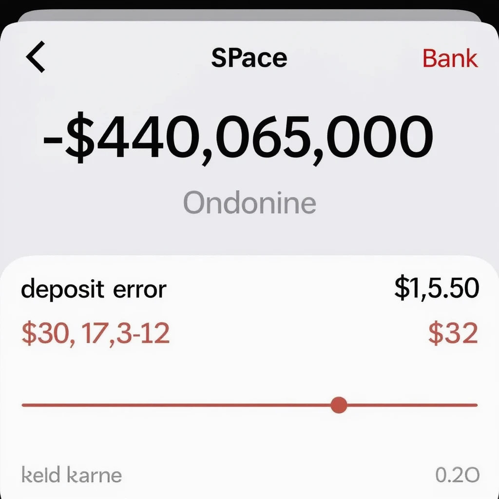 a iphone screenshot showing a SPACE bank balance of -$420,069,000, "deposit error" the numbers are shown in red, indicating a negative balance emoji