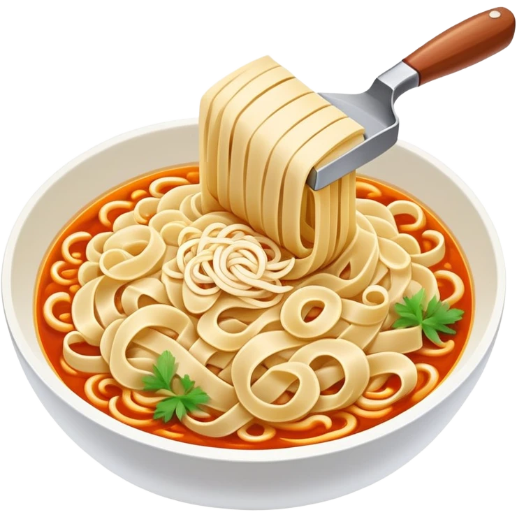 Shanxi knife-cut noodles with irregular thick shape being sliced, simplified emoji style with bold outlines and bright colors, cartoon style traditional Dao Xiao Mian emoji