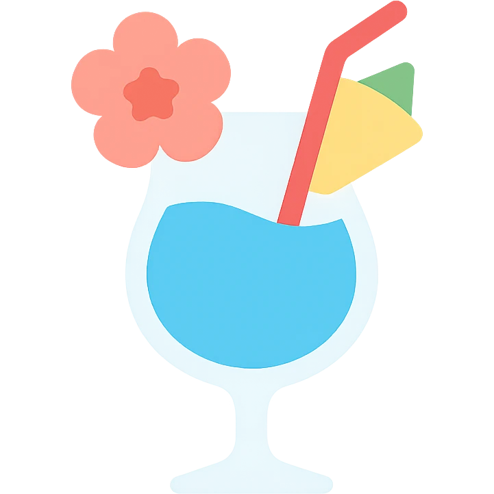 blue tropical cocktail with hibiscus and pineapple garnishes emoji