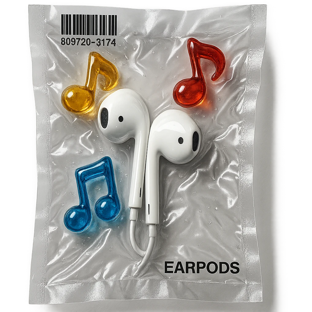 white EarPods headphones surrounded by exactly three small colorful glass music notes, glossy and puffy emoji