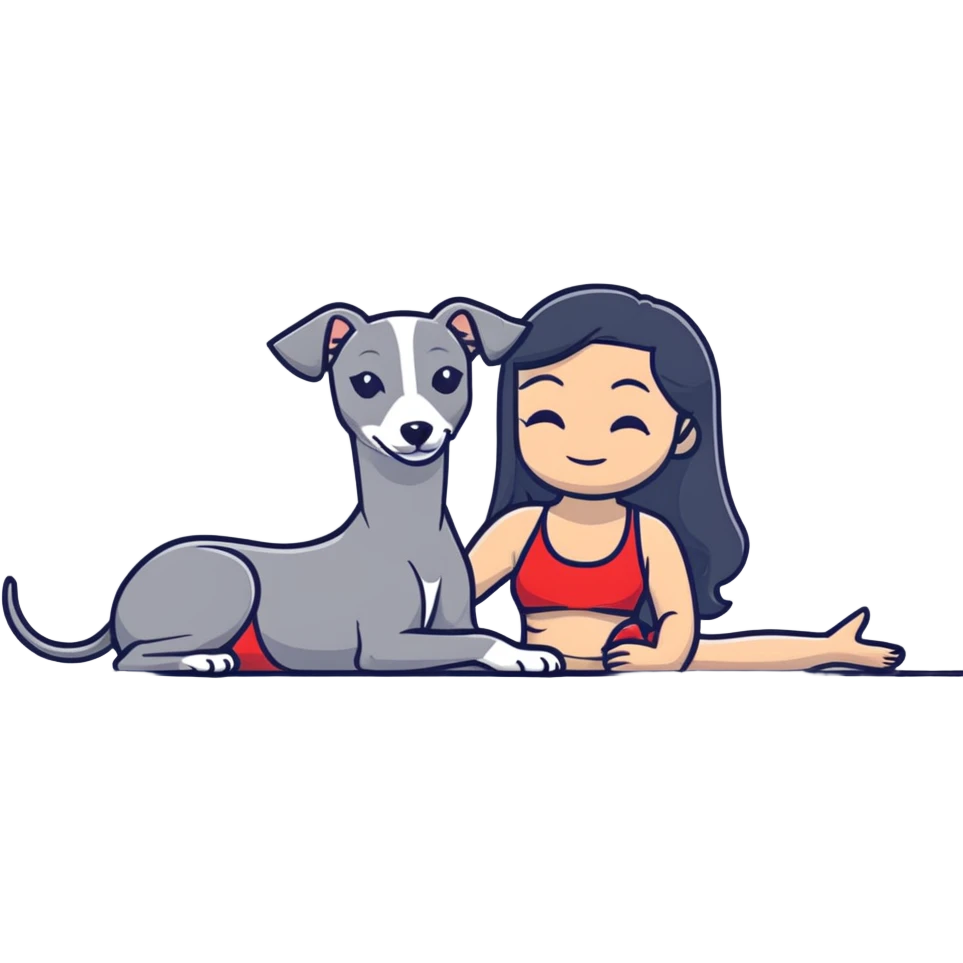Slim Chinese woman with long black hair in appropriate pool attire relaxing by a swimming pool with her Italian greyhound that is COMPLETELY solid grey, with absolutely NO white markings anywhere, single uniform grey color throughout entire dog body emoji