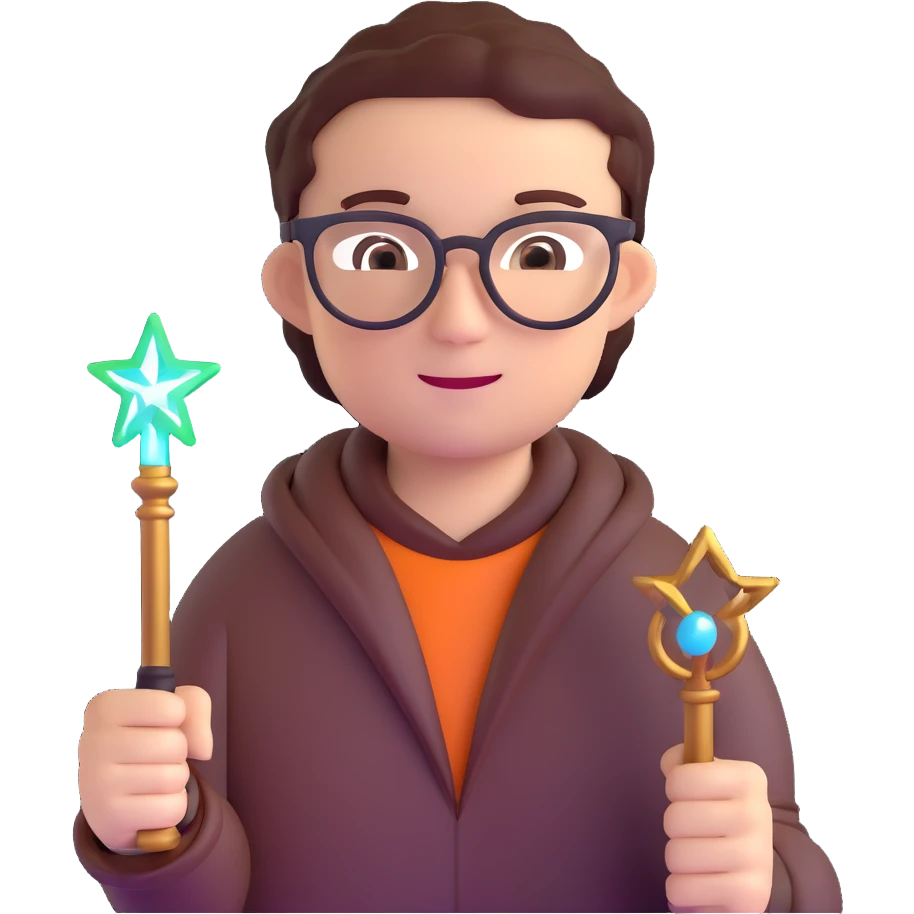 developer with glasses holding a glowing magic wand emoji