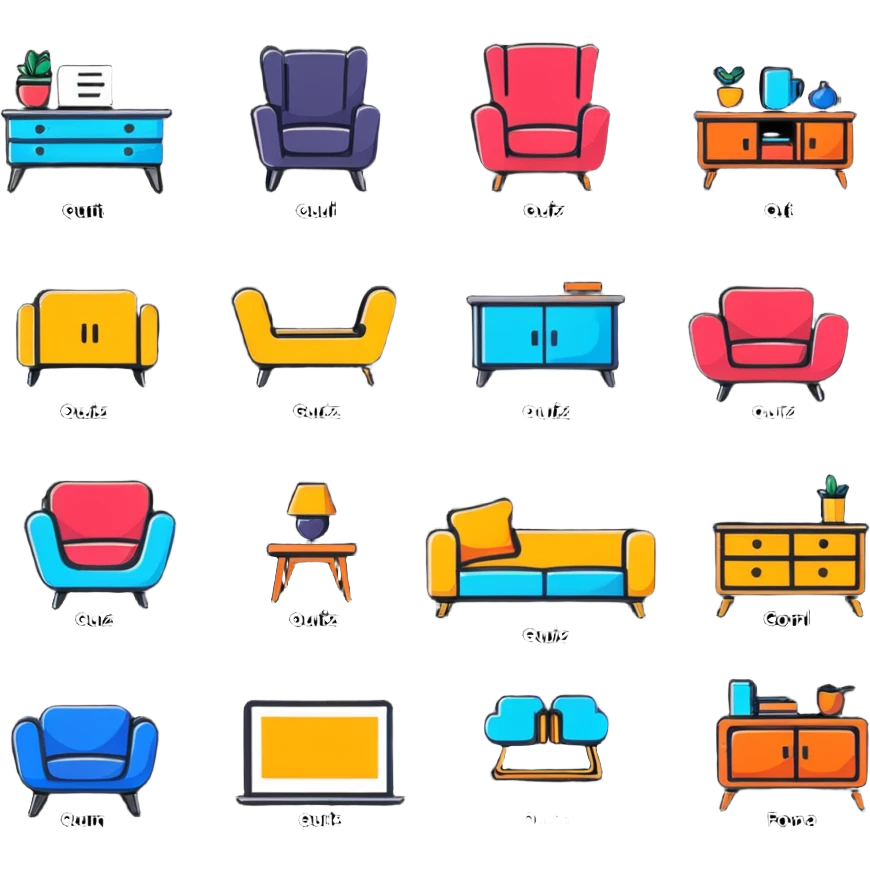 colorful interior design style quiz logo with swiping gesture and different furniture styles emoji