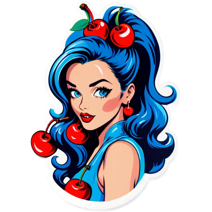Pop art sexy women with blue hear with cherry emoji