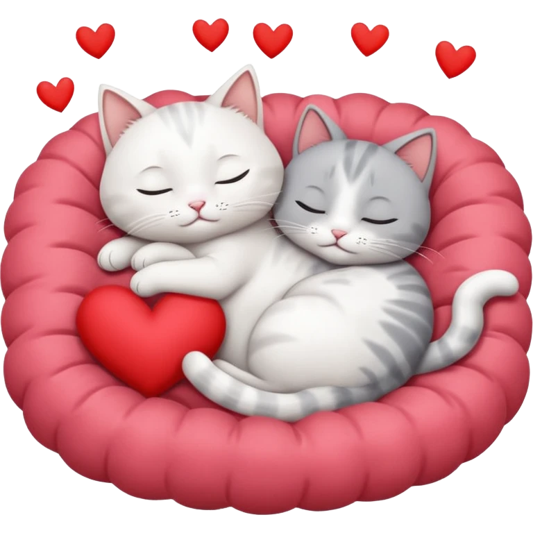 White cat and gray cat sleeping together in a bed full of hearts emoji