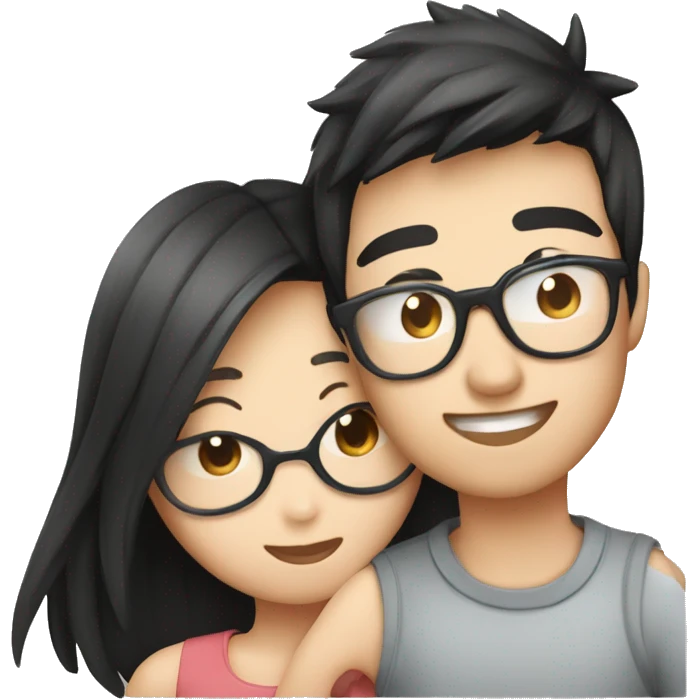 Boyfriend Asian with glasses and girlfriend Asian kissing, emoji