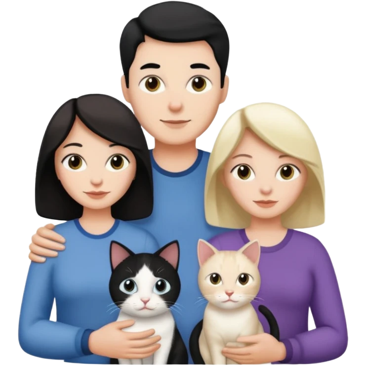 Una familia de 3 mujeres 1 hombre y 1 gato blanco con negro  emoji