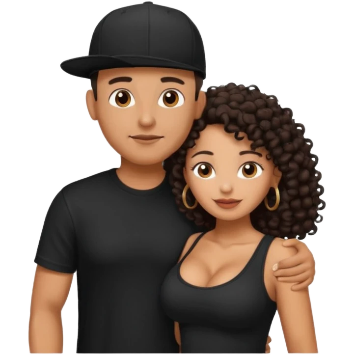 A picture of an embracing tanned couple. the man is a Mexican man with tanned skin, with a bald hair cut wearing a SnapBack hat and a black shirt. the woman has curly longer dark brown hair, thick and with big boobs   emoji