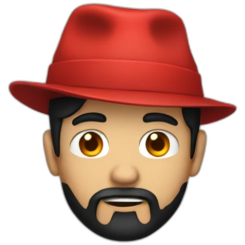 A person with black hair, a red hat, a back shirt, and a skull  emoji
