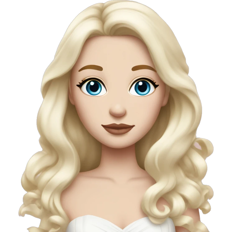 White bride with long light blonde hair and blue eyes with light pink peonies in hair white skin light pink lips emoji