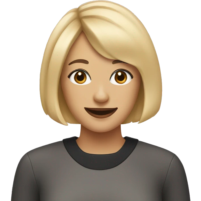 Smiling woman with a blonde bob haircut and bangs with a black curly haired dog with a white chin emoji