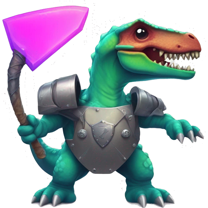 Retrowave dinosaur with a flail and shield chibi  emoji