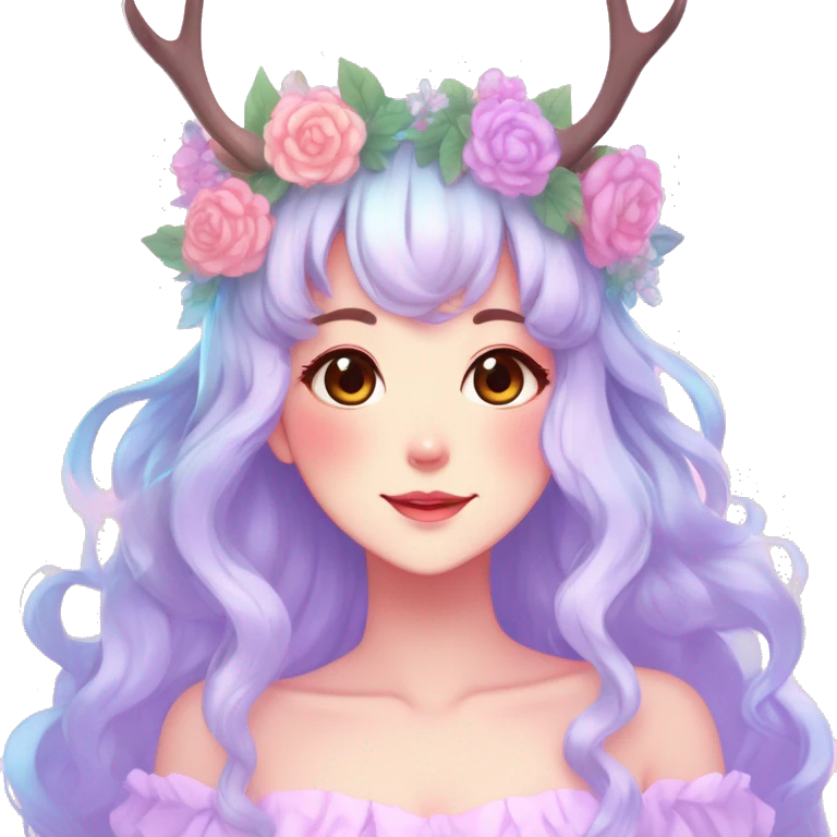 Gorgeous Shiny Colorful Pastel Anime Style Mature Lady with blushing face and pretty hair with a flower crown and antlers pastelcore kawaii cottagecore fairycore aesthetic trending style emoji