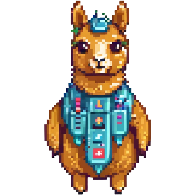 pixel art icon representing the Ollama open-source LLM platform, featuring a stylized llama mascot, tech elements, modern friendly look emoji