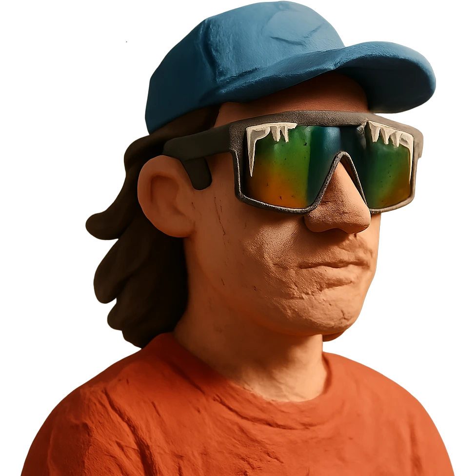 claymation style guy with mullet and baseball cap, wearing polarized Pit Viper glasses emoji