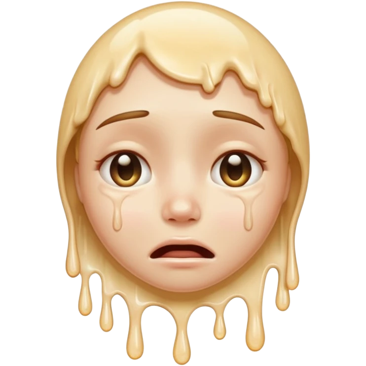softly smiling crying face that appears to be melting downward, large glossy drip like emoji, combined with the smooth dissolving lower half similar to the melting face. ‘I’m okay :) but absolutely not okay’ emoji