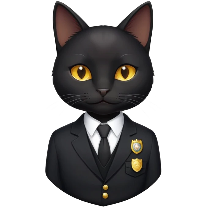 A black cat in a black suit and a badge with the inscription "PrimeCopy" emoji