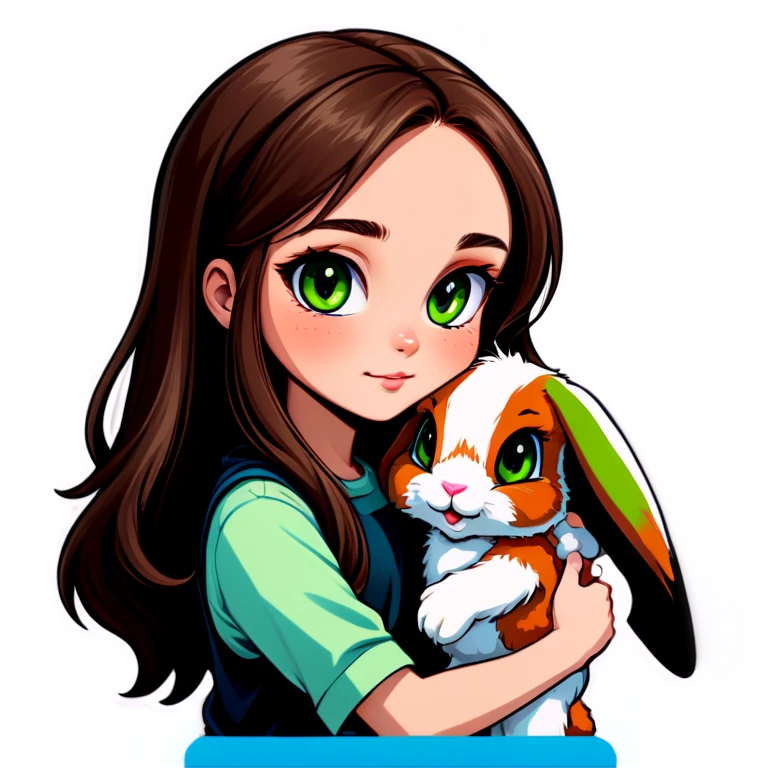 Long brown haired, green eyed girl holding a bunny. The bunny has floppy ears. The bunny has dark grey fur. emoji