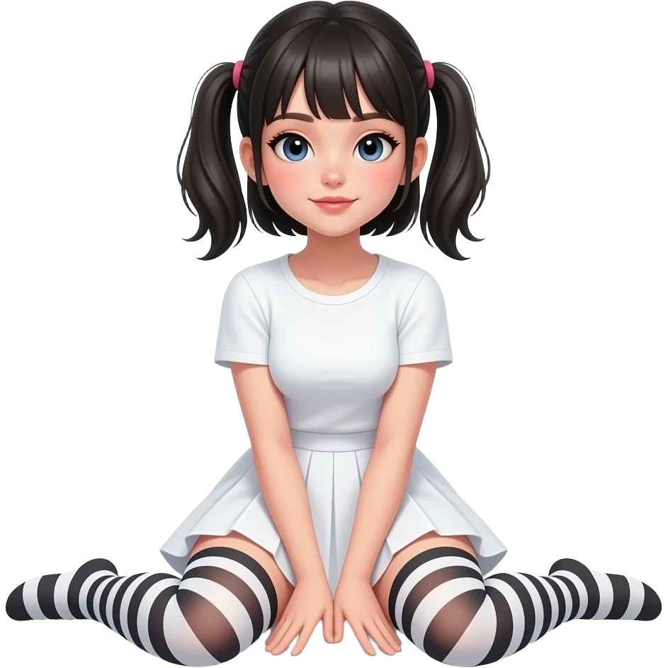 Hyperrealistic Frontal view curvy emo girl sits white skirt striped stockings. No shirt nude emoji