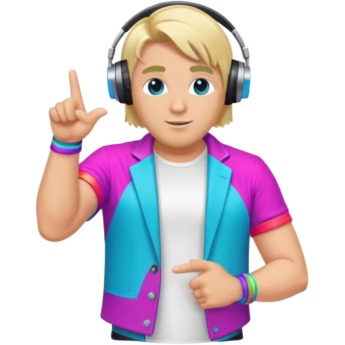blond big man in colorful dj outfit pointing to one side emoji