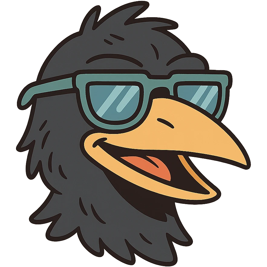 head of a black bird with cool sunglasses, cartoonish style, vibrant and playful flat toon illustration emoji