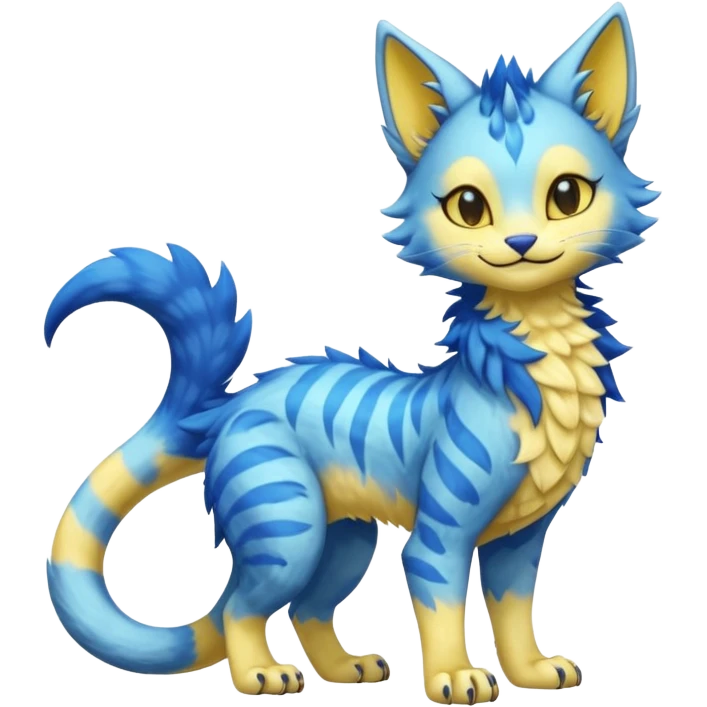 Kawaii yellow and blue beautiful pretty elegant divine edgy fantasy feline-vernid-sergal-fursona animal creature with a tufted tail full body with intricate markings  emoji