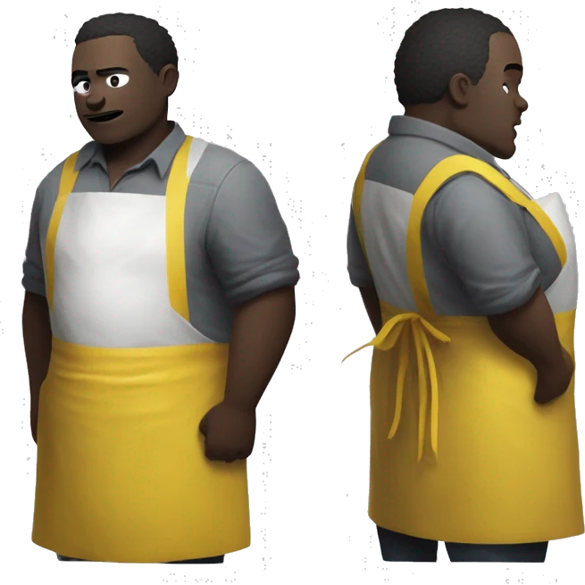 Dead by daylight cannibale beside a chest waiting with His chainsaw in His yellow Rubber apron , white skin and a Grey Shirt under the apron, without hat and He is fat emoji