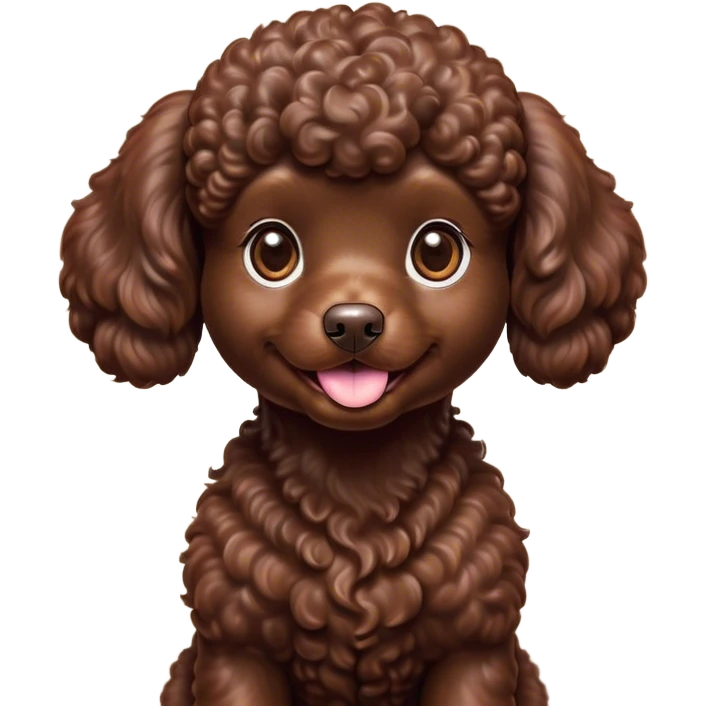 Cinematic Cute Chocolate Poodle Portrait Emoji, Head tilted playfully and inquisitively, showcasing a bouncy, curly chocolate Fur with a healthy sheen, round, sparkling brown eyes filled with curiosity, Simplified yet irresistibly adorable features, highly detailed, glowing with a warm, friendly glow, high shine, affectionate and lively, stylized with a touch of whimsy, bright and endearing, soft glowing outline, capturing the essence of a mischievous yet loving companion, so playful it feels like it could bounce out of the screen and into your arms! emoji