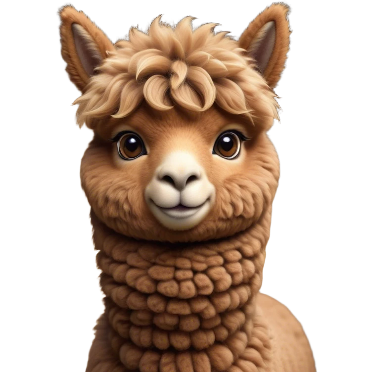 Cinematic Cute Brown Alpaca Portrait Emoji, Head tilted playfully and inquisitively, featuring a plush, rich brown fleece with a natural sheen, round, sparkling warm eyes filled with curiosity, Simplified yet irresistibly adorable features, highly detailed, glowing with a warm, friendly glow, high shine, affectionate and gentle, stylized with a touch of whimsy, bright and endearing, soft glowing outline, capturing the essence of a mischievous yet loving alpaca, so playful it feels like it could prance out of the screen and into your arms! emoji
