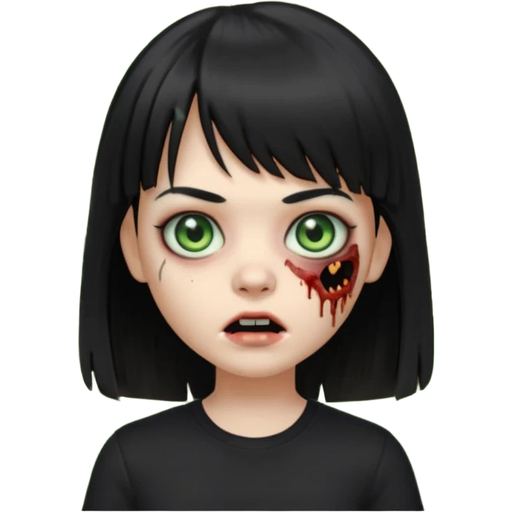 uma garota zumbi no formato Memoji da apple com o cabelo cumprido, preto liso e com franja, blusa preta emoji