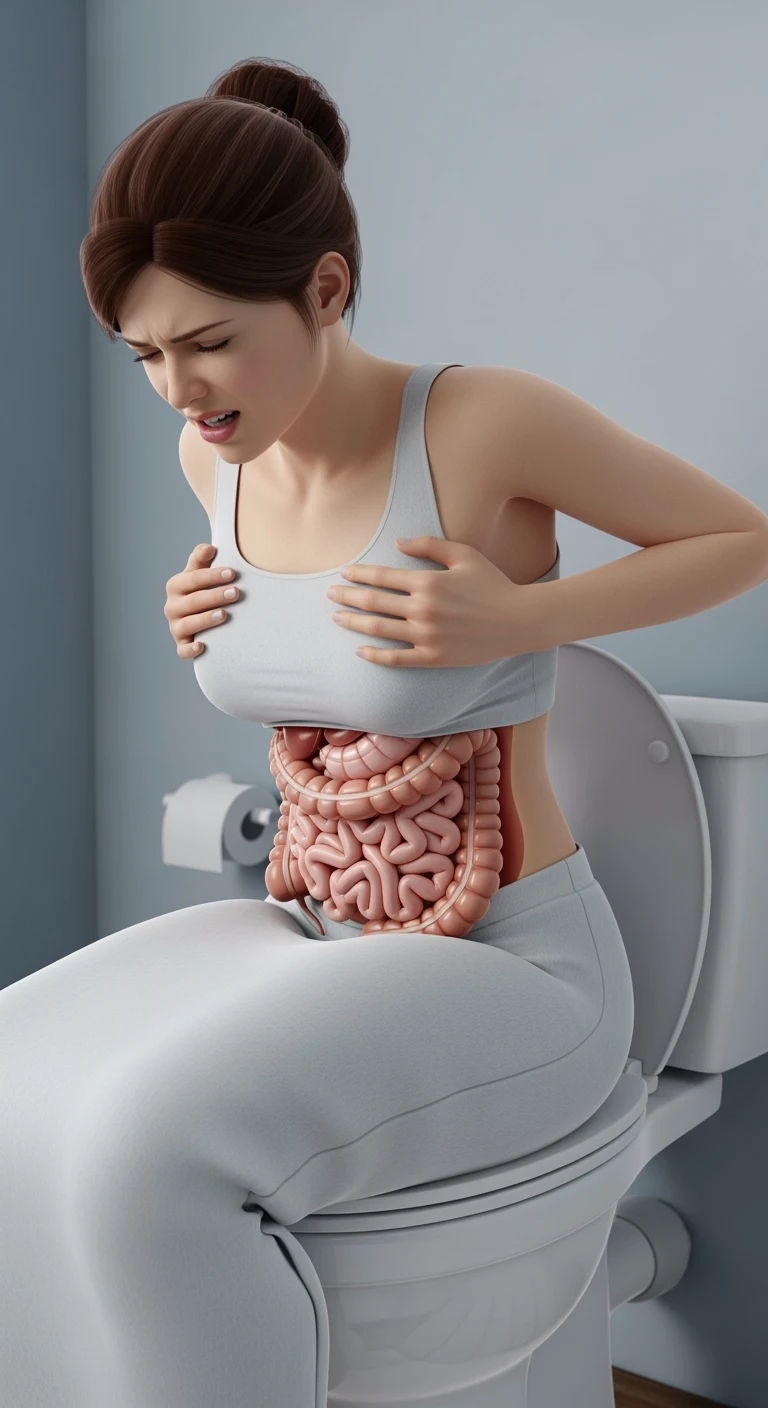 DONNA CON INTESTINO ANATOMICO REALISTICO seduta sul wc che si sforza, IPERREALISTICO 4K emoji