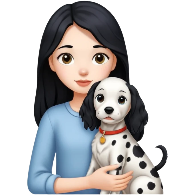 A girl with long black hair is holding a Dalmatian emoji