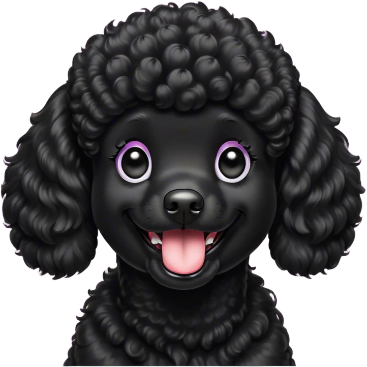 Cinematic Comical Black Poodle Portrait Emoji, Head tilted dramatically with an exaggeratedly amused expression, featuring a glossy, curly jet-black Fur with a lively bounce, wide, expressive dark eyes filled with playful disbelief, Simplified yet hilariously expressive features, highly detailed, glowing with a slightly sassy glow, high shine, dramatic yet playful, stylized with an air of cheeky mischief, bright and endearing, soft glowing outline, capturing the essence of a spirited and over-the-top companion, so meme-worthy it feels like it could side-eye its way into internet fame instantly! emoji