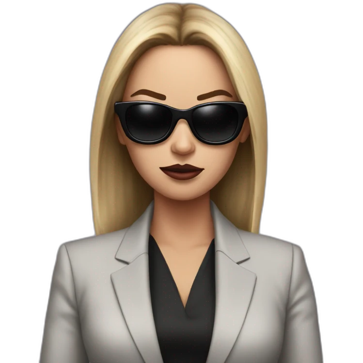 megan foz, hyper realistic, in a suit, with big black sunglasses angry emoji