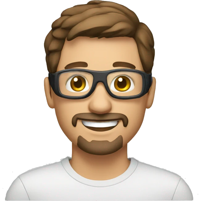 Smiling man with short brown hair, transparent goggles and a goatee emoji