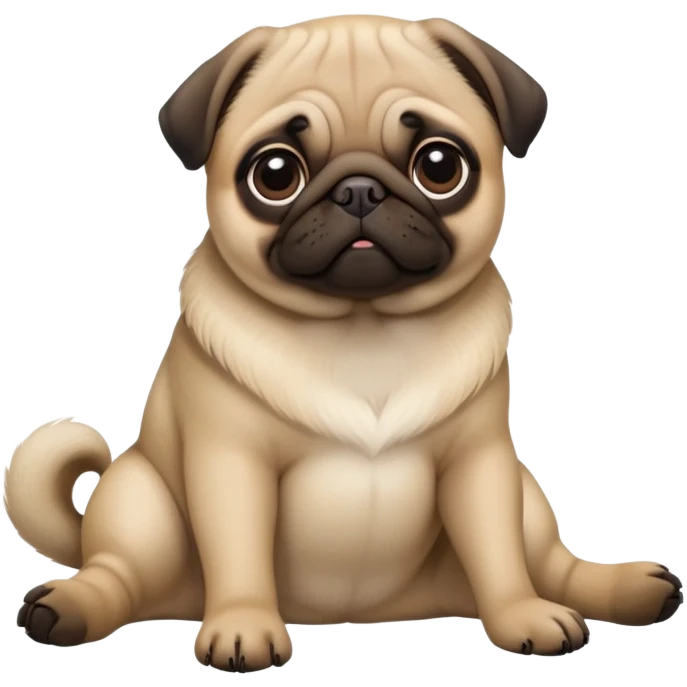 detailed-[pug]-realistic-full-body-sitting-emoji,-tail-resting-loosely-beside-its-paws,-head-tilted-dramatically, -sleek-[fawn]-fur,-simplified-yet-realistic-focused-features,-highly-detailed,-glowing-with-an-almost-sarcastic-glow emoji