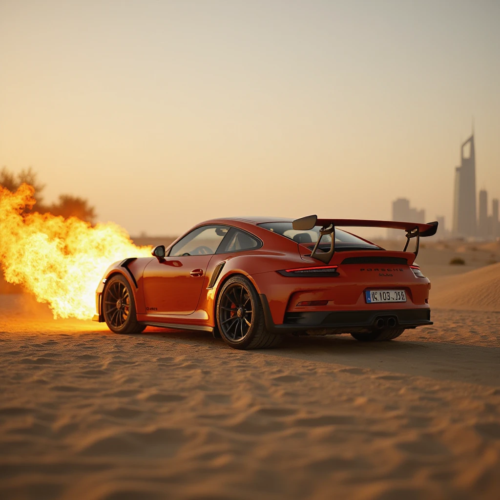 Cinematic shot, Porsche 911 gt3 rs in fire, desert, sunny day, dubai city in background emoji