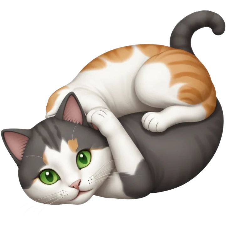 beautiful female solid dark grey cat with green eyes, white toes/paws and white patch on her chest playfully rolling upside down emoji