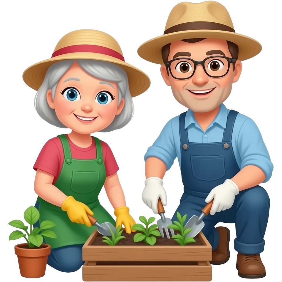 retired woman and man doing gardening emoji
