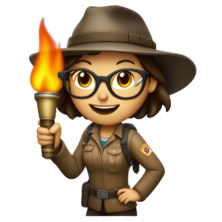 Brunette lady explorer in dark rimmed glasses holding burning torch overhead emoji