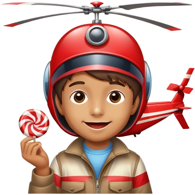 happy kid with helicopter hat eating a candy emoji