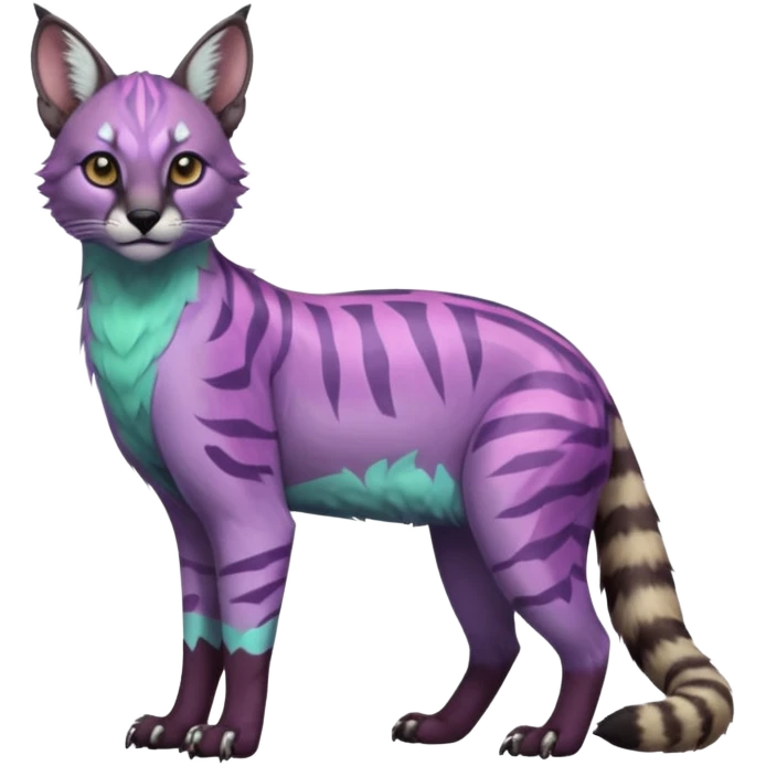 Realistic Colorful pale minty lilac onyx fruity glorious exotic neon vibrant zigzagged fantasy-caracal-civet-genet-sergal-vernid-Gryphon-Cacomistle-Trico-oncilla-animal-Fakémon-hybrid-fursona (full body), facial markings, (realism style) emoji