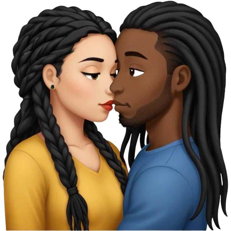 Latina Woman with long hair kissing a young black guy with dreads no beard emoji