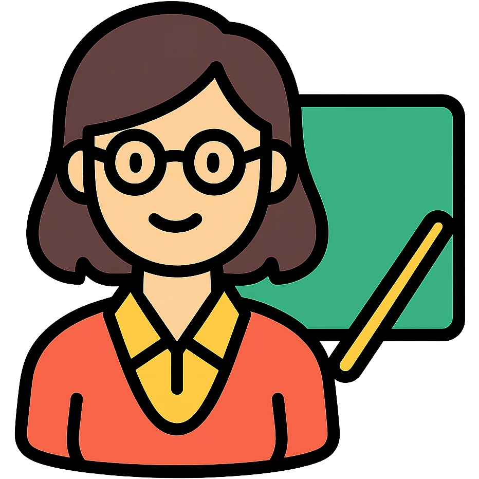 profesora de cabello castaño oscuro hasta los hombros con gafas, fondo blanco simple emoji