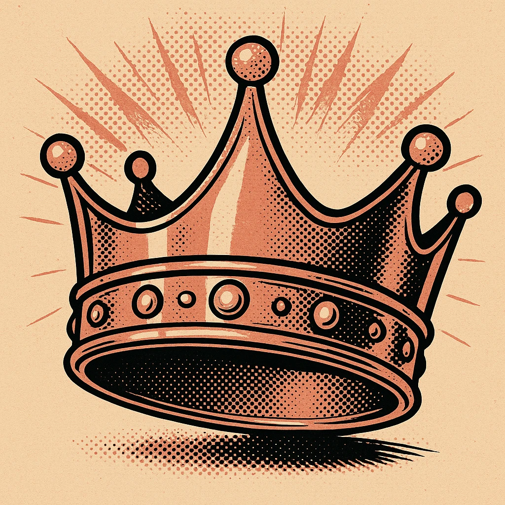 rose gold crown, metallic, soft pink, minimal background, old school comic book style emoji