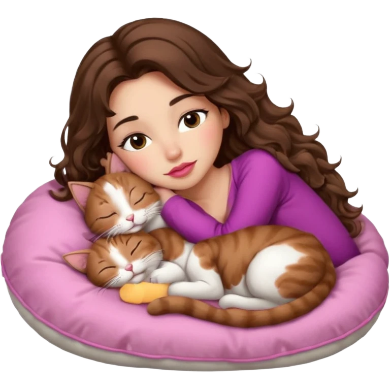 girl with long wavy brown hair, brown eyes, long lashes makeup, sexy pink lips, light to medium complexion,  sleeping on a cozy pillow, with 6 cats, sleeping emoji