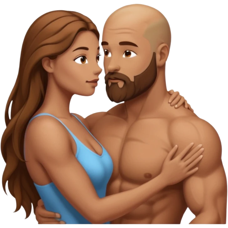 muscular bald man with brown beard and beautiful woman with long hair, showing an intimate moment emoji