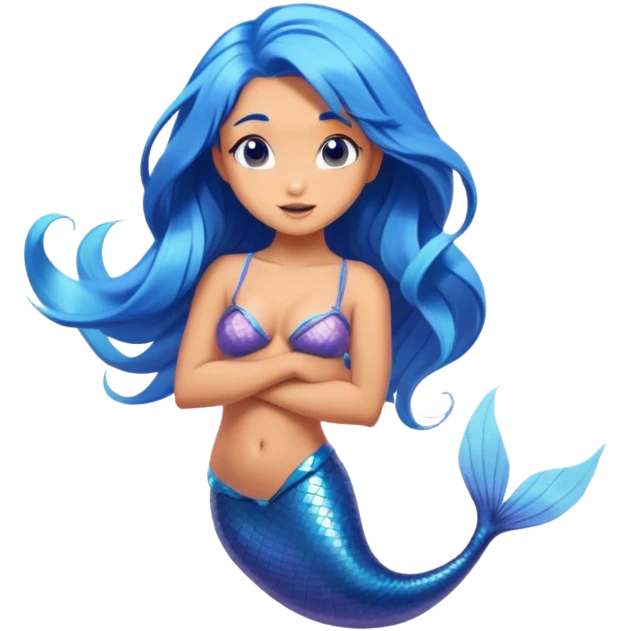 Cinematic Realistic Blue Hair Mermaid Portrait, head tilted playfully and inquisitively, showcasing a delicate, tropical form with finely detailed, flowing blue hair contrasting beautifully against her sun-kissed tanned skin. Her bright, curious eyes sparkle like sea gems under warm filtered light, rendered with lifelike clarity and soft underwater illumination—capturing the essence of a spirited mermaid poised to dance playfully amidst coral reefs. emoji