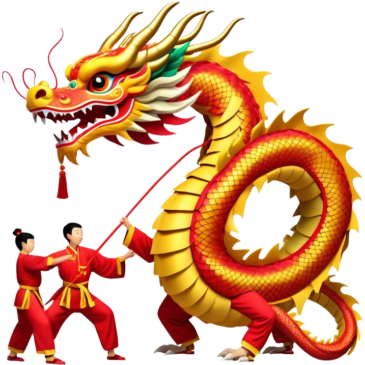 Cinematic Realistic scene of a traditional Chinese Dragon Dance featuring a team of performers skillfully manipulating a colossal, flexible dragon puppet, its intricately detailed, vibrant scales and flowing, embroidered fabric catching the light, set against a festive backdrop of red lanterns and dynamic red-tinged lighting that accentuates the majestic presence of the dragon puppet. emoji
