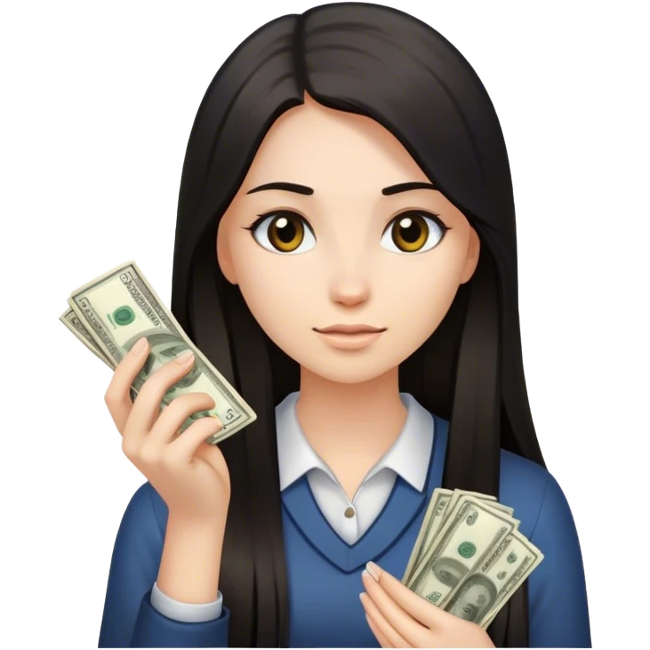 a dark long straight hair young women is counting money on her her hand emoji